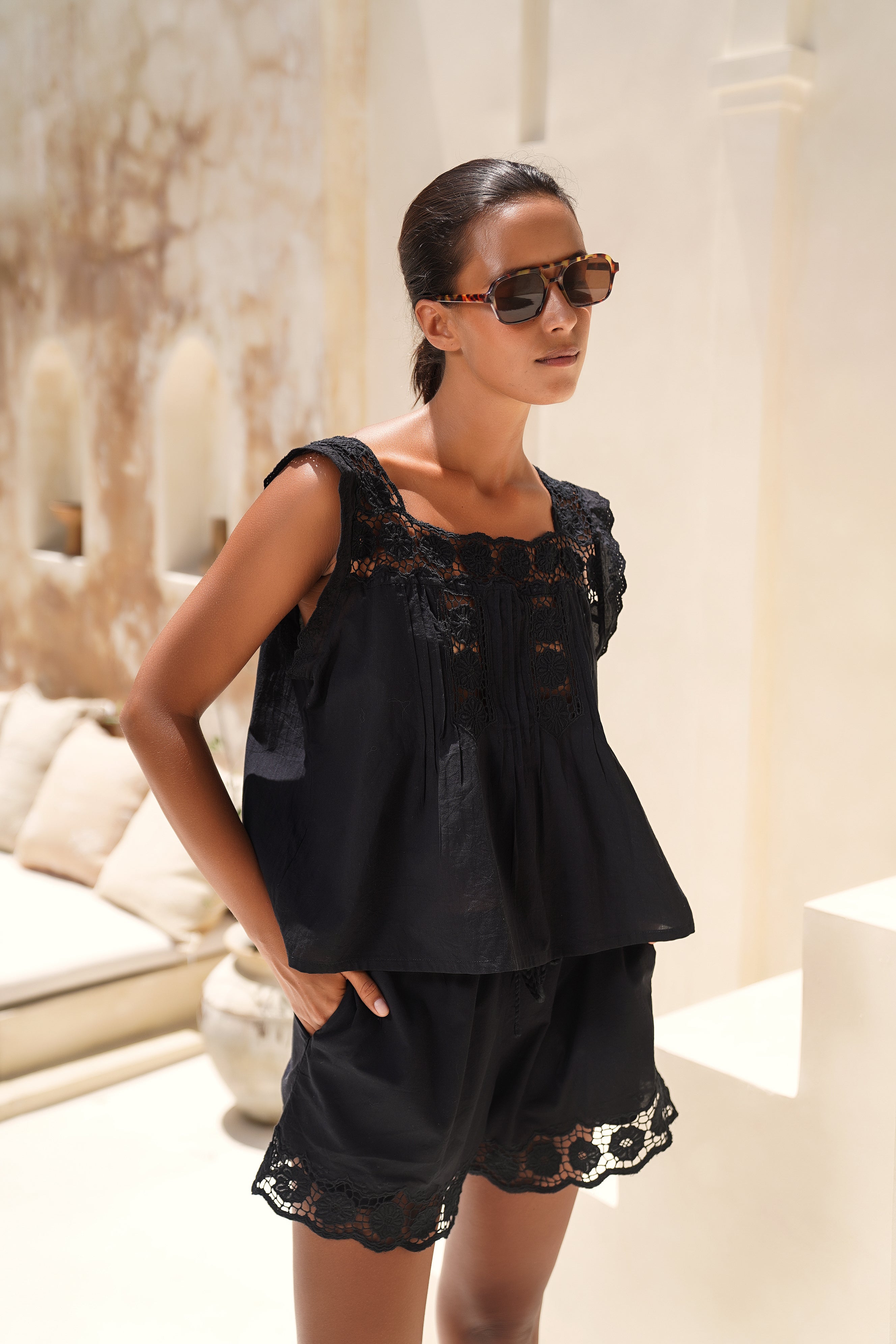 Daisy Top ~ Black Cotton Embroidered