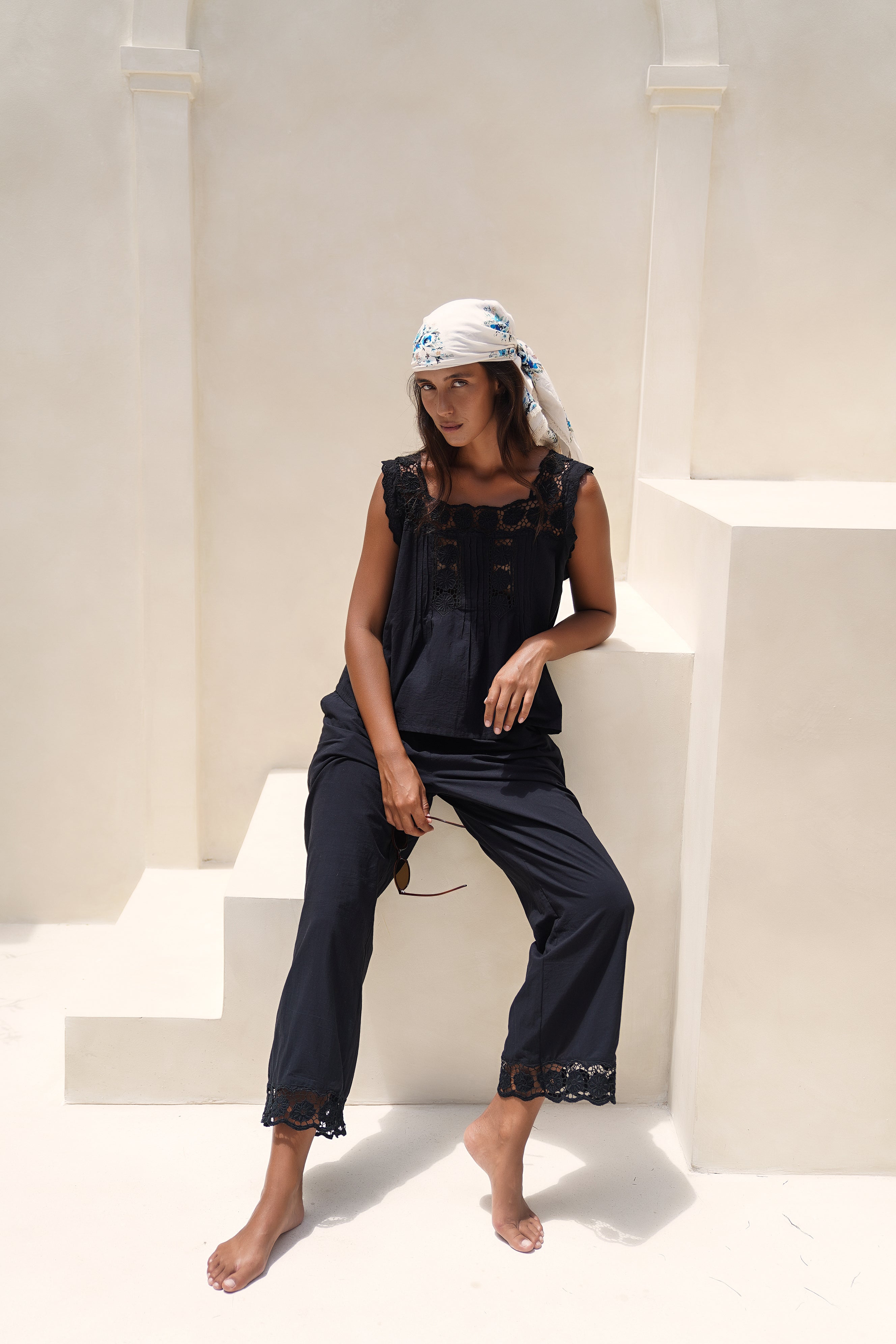 Daisy Pant - Black Cotton Embroidered