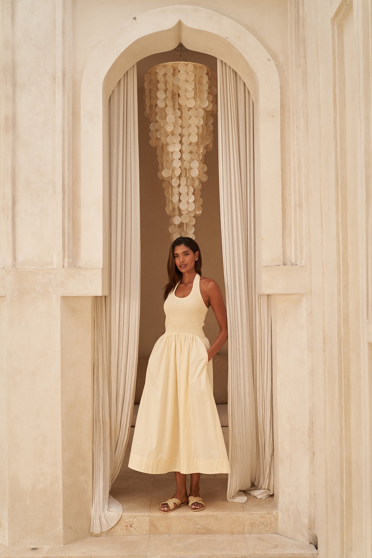 Juniper Lemon Cotton Halter Maxi Dress