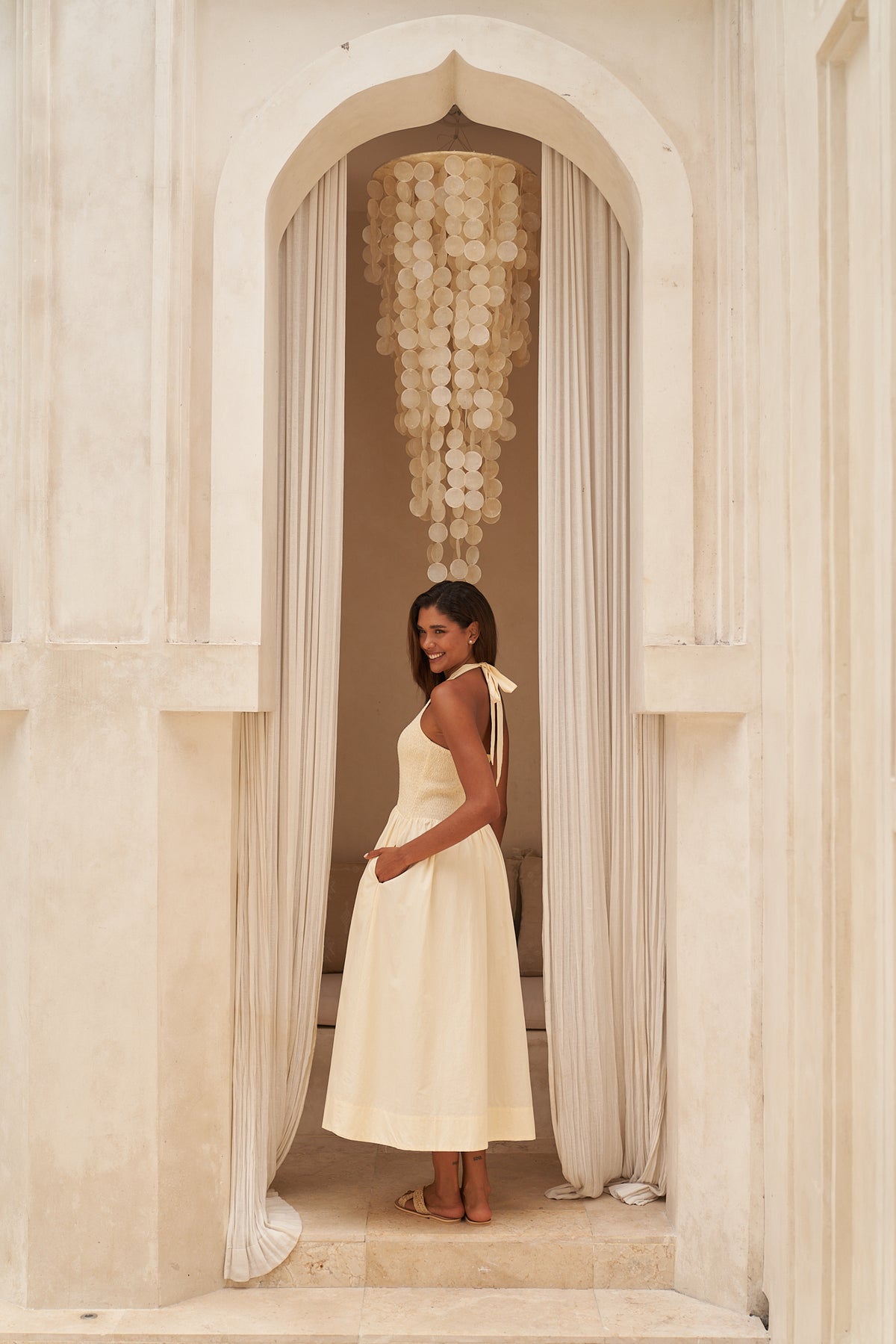 Juniper Lemon Cotton Halter Maxi Dress